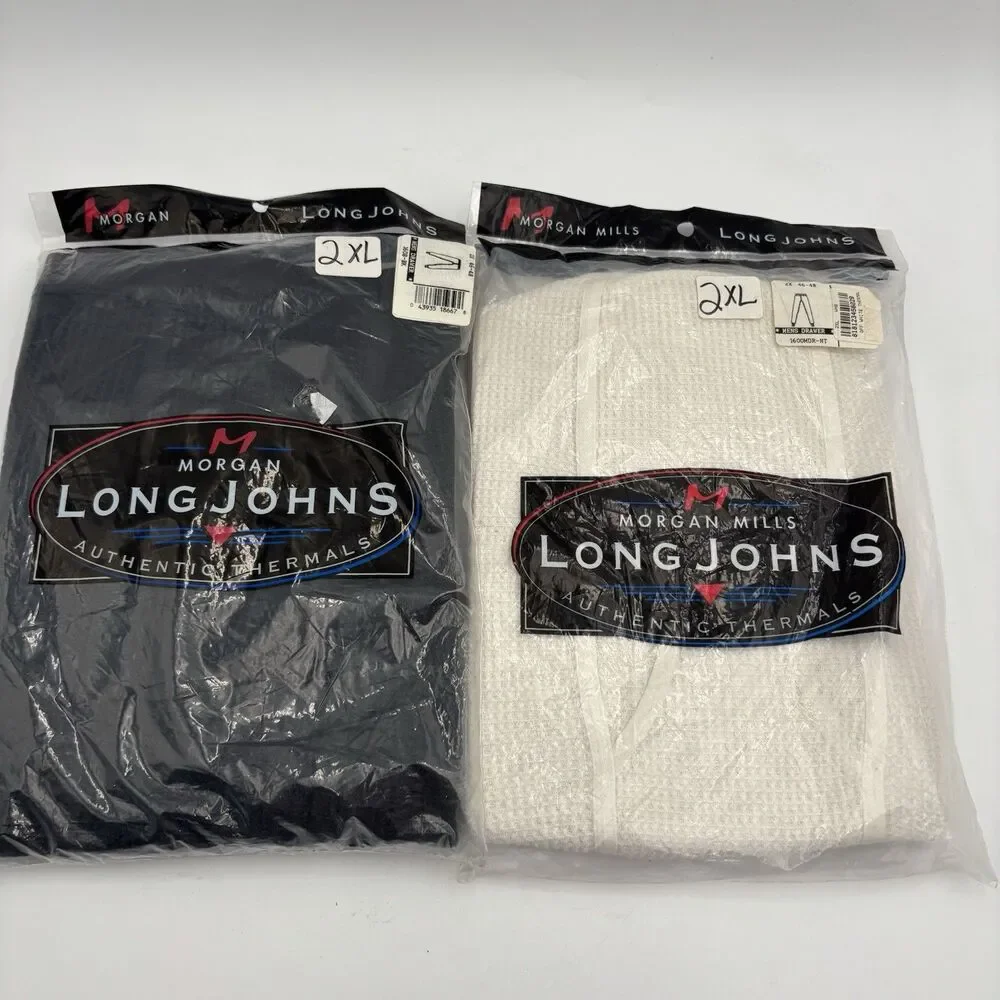 Morgan Mills Long Johns Mens 2XL Thermal Pants Black White Waffle Knit 2 Pair